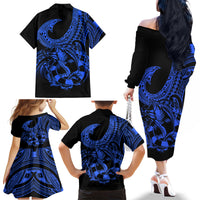Polynesia Family Matching Off Shoulder Long Sleeve Dress and Hawaiian Shirt Fish Hook Tattoo Go Fishing Polynesian Pattern Blue LT14 - Polynesian Pride