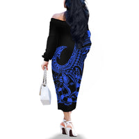 Polynesia Family Matching Off Shoulder Long Sleeve Dress and Hawaiian Shirt Fish Hook Tattoo Go Fishing Polynesian Pattern Blue LT14 - Polynesian Pride