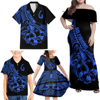 Polynesia Family Matching Off Shoulder Maxi Dress and Hawaiian Shirt Fish Hook Tattoo Go Fishing Polynesian Pattern Blue LT14 - Polynesian Pride