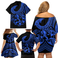Polynesia Family Matching Off Shoulder Short Dress and Hawaiian Shirt Fish Hook Tattoo Go Fishing Polynesian Pattern Blue LT14 - Polynesian Pride