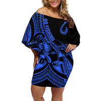Polynesia Family Matching Off Shoulder Short Dress and Hawaiian Shirt Fish Hook Tattoo Go Fishing Polynesian Pattern Blue LT14 Mom's Dress Blue - Polynesian Pride