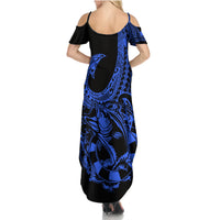 Polynesia Family Matching Summer Maxi Dress and Hawaiian Shirt Fish Hook Tattoo Go Fishing Polynesian Pattern Blue LT14 - Polynesian Pride