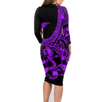 Polynesia Family Matching Long Sleeve Bodycon Dress and Hawaiian Shirt Fish Hook Tattoo Go Fishing Polynesian Pattern Purple LT14 - Polynesian Pride