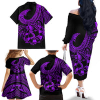 Polynesia Family Matching Off Shoulder Long Sleeve Dress and Hawaiian Shirt Fish Hook Tattoo Go Fishing Polynesian Pattern Purple LT14 - Polynesian Pride