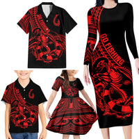 Polynesia Family Matching Long Sleeve Bodycon Dress and Hawaiian Shirt Fish Hook Tattoo Go Fishing Polynesian Pattern Red LT14 - Polynesian Pride
