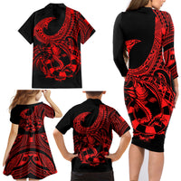 Polynesia Family Matching Long Sleeve Bodycon Dress and Hawaiian Shirt Fish Hook Tattoo Go Fishing Polynesian Pattern Red LT14 - Polynesian Pride