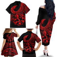 Polynesia Family Matching Off Shoulder Long Sleeve Dress and Hawaiian Shirt Fish Hook Tattoo Go Fishing Polynesian Pattern Red LT14 - Polynesian Pride