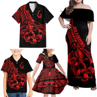Polynesia Family Matching Off Shoulder Maxi Dress and Hawaiian Shirt Fish Hook Tattoo Go Fishing Polynesian Pattern Red LT14 - Polynesian Pride