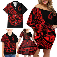 Polynesia Family Matching Off Shoulder Short Dress and Hawaiian Shirt Fish Hook Tattoo Go Fishing Polynesian Pattern Red LT14 - Polynesian Pride