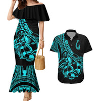Polynesia Couples Matching Mermaid Dress and Hawaiian Shirt Fish Hook Tattoo Go Fishing Polynesian Pattern Turquosie LT14 Turquoise - Polynesian Pride