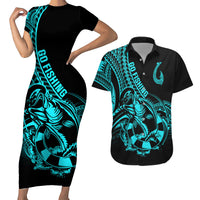 Polynesia Couples Matching Short Sleeve Bodycon Dress and Hawaiian Shirt Fish Hook Tattoo Go Fishing Polynesian Pattern Turquosie LT14 Turquoise - Polynesian Pride