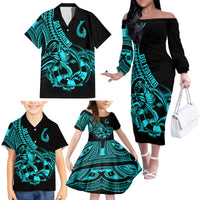 Polynesia Family Matching Off Shoulder Long Sleeve Dress and Hawaiian Shirt Fish Hook Tattoo Go Fishing Polynesian Pattern Turquosie LT14 - Polynesian Pride