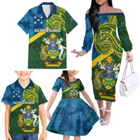 Solomon Islands Family Matching Off Shoulder Long Sleeve Dress and Hawaiian Shirt Tropical Leaves With Melanesian Pattern LT14 - Polynesian Pride