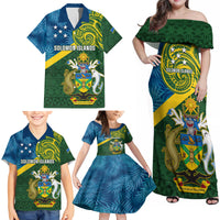 Solomon Islands Family Matching Off Shoulder Maxi Dress and Hawaiian Shirt Tropical Leaves With Melanesian Pattern LT14 - Polynesian Pride
