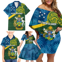 Solomon Islands Family Matching Off Shoulder Short Dress and Hawaiian Shirt Tropical Leaves With Melanesian Pattern LT14 - Polynesian Pride