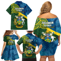 Solomon Islands Family Matching Off Shoulder Short Dress and Hawaiian Shirt Tropical Leaves With Melanesian Pattern LT14 - Polynesian Pride