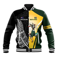 New Zealand and South Africa Rugby Custom Baseball Jacket Maori Silver Fern Springbok Together LT14 Unisex Black - Polynesian Pride