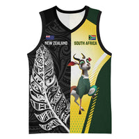 New Zealand and South Africa Rugby Custom Basketball Jersey Maori Silver Fern Springbok Together LT14 Unisex Black - Polynesian Pride
