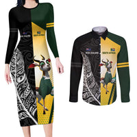 New Zealand and South Africa Rugby Custom Couples Matching Long Sleeve Bodycon Dress and Long Sleeve Button Shirt Maori Silver Fern Springbok Together LT14 Black - Polynesian Pride