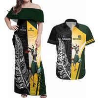 New Zealand and South Africa Rugby Custom Couples Matching Off Shoulder Maxi Dress and Hawaiian Shirt Maori Silver Fern Springbok Together LT14 Black - Polynesian Pride