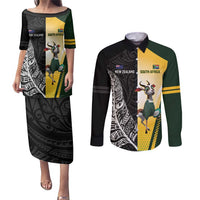 New Zealand and South Africa Rugby Custom Couples Matching Puletasi and Long Sleeve Button Shirt Maori Silver Fern Springbok Together LT14 Black - Polynesian Pride