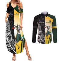 New Zealand and South Africa Rugby Custom Couples Matching Summer Maxi Dress and Long Sleeve Button Shirt Maori Silver Fern Springbok Together LT14 Black - Polynesian Pride