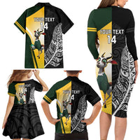 New Zealand and South Africa Rugby Custom Family Matching Long Sleeve Bodycon Dress and Hawaiian Shirt Maori Silver Fern Springbok Together LT14 - Polynesian Pride