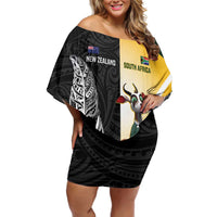 New Zealand and South Africa Rugby Custom Family Matching Off Shoulder Short Dress and Hawaiian Shirt Maori Silver Fern Springbok Together LT14 Mom's Dress Black - Polynesian Pride