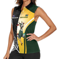 New Zealand and South Africa Rugby Custom Women Sleeveless Polo Shirt Maori Silver Fern Springbok Together LT14 - Polynesian Pride