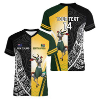 New Zealand and South Africa Rugby Custom Women V-Neck T-Shirt Maori Silver Fern Springbok Together LT14 - Polynesian Pride