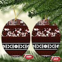 Bula Fiji Ceramic Ornament Fijian Tapa Masi With Hibiscus Flowers LT14 Oval Brown - Polynesian Pride