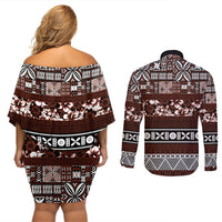 Bula Fiji Couples Matching Off Shoulder Short Dress and Long Sleeve Button Shirt Fijian Tapa Masi With Hibiscus Flowers LT14 - Polynesian Pride