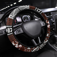 Bula Fiji Steering Wheel Cover Fijian Tapa Masi With Hibiscus Flowers LT14 Universal Fit Brown - Polynesian Pride
