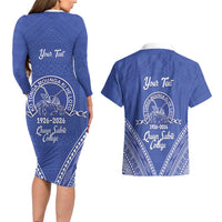 Queen Salote College 100 Years Personalized Couples Matching Long Sleeve Bodycon Dress and Hawaiian Shirt Tonga QSC Heilala Lei Blue Ngatu Pattern LT14 - Polynesian Pride