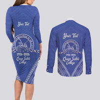 Queen Salote College 100 Years Personalized Couples Matching Long Sleeve Bodycon Dress and Long Sleeve Button Shirt Tonga QSC Heilala Lei Blue Ngatu Pattern LT14 - Polynesian Pride