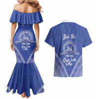 Queen Salote College 100 Years Personalized Couples Matching Mermaid Dress and Hawaiian Shirt Tonga QSC Heilala Lei Blue Ngatu Pattern LT14 - Polynesian Pride