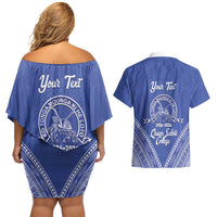 Queen Salote College 100 Years Personalized Couples Matching Off Shoulder Short Dress and Hawaiian Shirt Tonga QSC Heilala Lei Blue Ngatu Pattern LT14 - Polynesian Pride