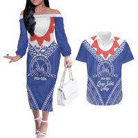 Queen Salote College 100 Years Personalized Couples Matching Off The Shoulder Long Sleeve Dress and Hawaiian Shirt Tonga QSC Heilala Lei Blue Ngatu Pattern LT14 Blue - Polynesian Pride