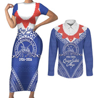 Queen Salote College 100 Years Personalized Couples Matching Short Sleeve Bodycon Dress and Long Sleeve Button Shirt Tonga QSC Heilala Lei Blue Ngatu Pattern LT14 Blue - Polynesian Pride
