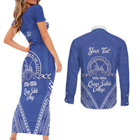 Queen Salote College 100 Years Personalized Couples Matching Short Sleeve Bodycon Dress and Long Sleeve Button Shirt Tonga QSC Heilala Lei Blue Ngatu Pattern LT14 - Polynesian Pride