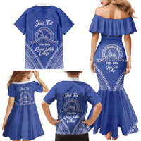 Queen Salote College 100 Years Personalized Family Matching Mermaid Dress and Hawaiian Shirt Tonga QSC Heilala Lei Blue Ngatu Pattern LT14 - Polynesian Pride