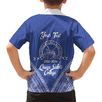 Queen Salote College 100 Years Personalized Family Matching Off The Shoulder Long Sleeve Dress and Hawaiian Shirt Tonga QSC Heilala Lei Blue Ngatu Pattern LT14 - Polynesian Pride