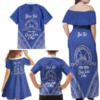 Queen Salote College 100 Years Personalized Family Matching Off Shoulder Maxi Dress and Hawaiian Shirt Tonga QSC Heilala Lei Blue Ngatu Pattern LT14 - Polynesian Pride