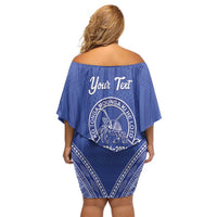 Queen Salote College 100 Years Personalized Family Matching Off Shoulder Short Dress and Hawaiian Shirt Tonga QSC Heilala Lei Blue Ngatu Pattern LT14 - Polynesian Pride