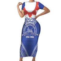 Queen Salote College 100 Years Personalized Family Matching Short Sleeve Bodycon Dress and Hawaiian Shirt Tonga QSC Heilala Lei Blue Ngatu Pattern LT14 Mom's Dress Blue - Polynesian Pride