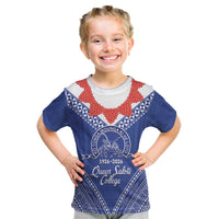 Queen Salote College 100 Years Personalized Kid T Shirt Tonga QSC Heilala Lei Blue Ngatu Pattern