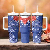 Queen Salote College 100 Years Personalized Tumbler With Handle Tonga QSC Heilala Lei Blue Ngatu Pattern