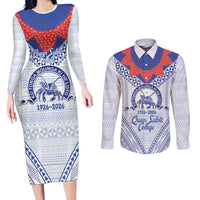 Queen Salote College 100 Years Personalized Couples Matching Long Sleeve Bodycon Dress and Long Sleeve Button Shirt Tonga QSC Heilala Lei White Ngatu Pattern LT14 White - Polynesian Pride