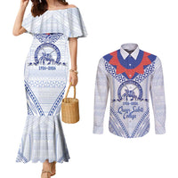 Queen Salote College 100 Years Personalized Couples Matching Mermaid Dress and Long Sleeve Button Shirt Tonga QSC Heilala Lei White Ngatu Pattern LT14 White - Polynesian Pride