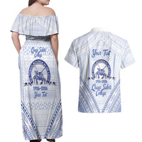 Queen Salote College 100 Years Personalized Couples Matching Off Shoulder Maxi Dress and Hawaiian Shirt Tonga QSC Heilala Lei White Ngatu Pattern LT14 - Polynesian Pride